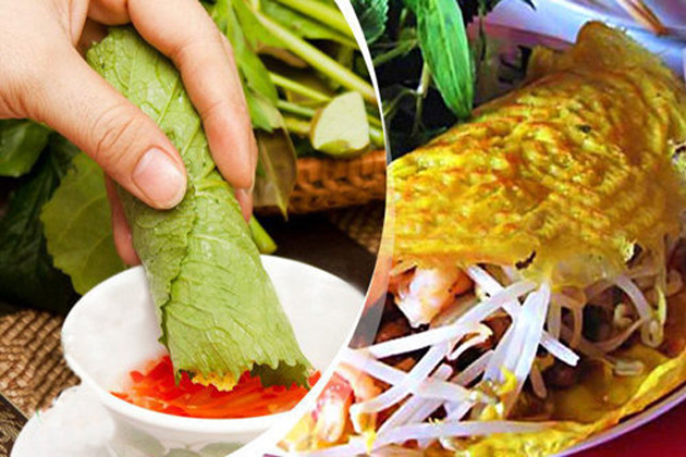 Dùng tay chọn rau và cuốn bánh xèo ăn mới thấy được hết vị ngon của bánh